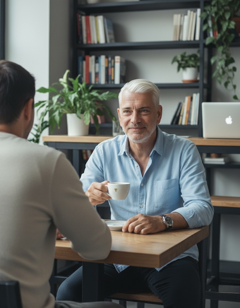 Heiko Meyer von Coachingwerk Berlin im Gespräch mit einem Klienten bei einer Coaching-Sitzung, beide sitzen am Tisch mit Kaffee.
