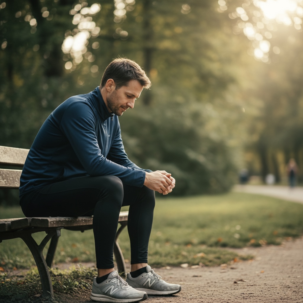 Mann sitzt nach dem Joggen auf einer Holzbank im Berliner Tierpark, atmet ruhig durch – Symbol für Erholung, Balance und neue Energie im Coachingwerk Berlin.