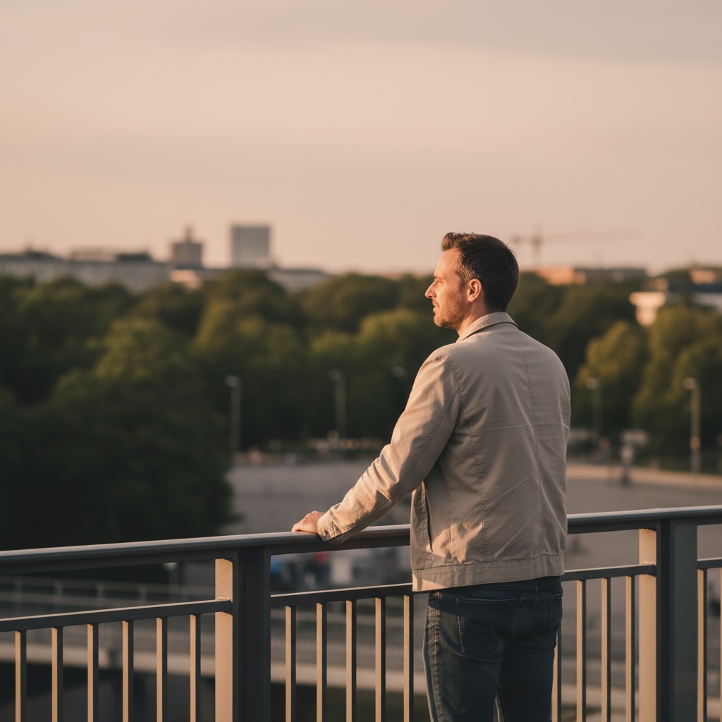 Mann steht mit dem Rücken zur Kamera auf einer Brücke in Berlin und blickt ruhig über die Stadt – Symbol für Fokus, Klarheit und innere Balance im Coachingwerk Berlin.