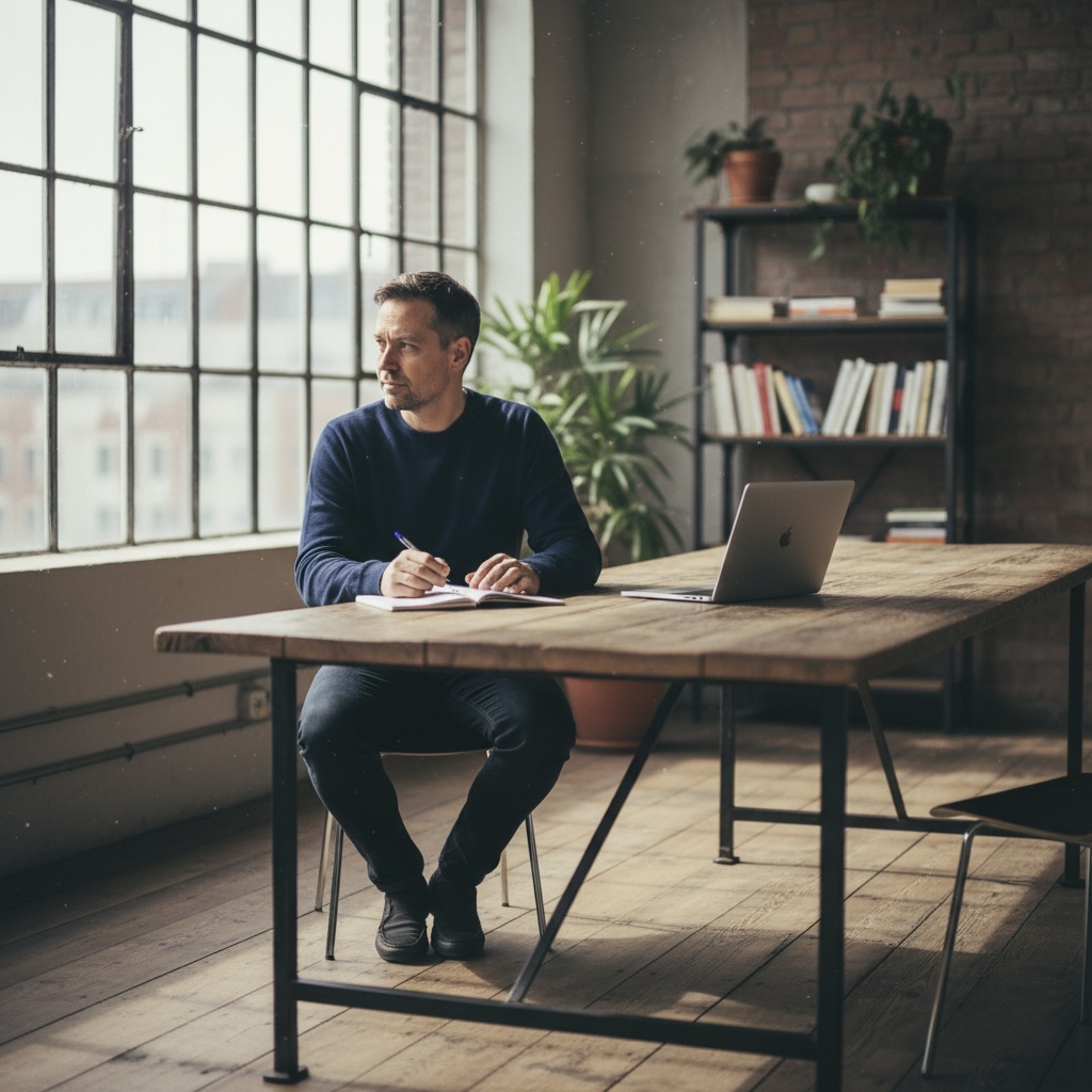 Mann sitzt an einem Holztisch in einem hellen Berliner Loft, Notizbuch und Kaffee vor sich, Blick aus dem Fenster – Symbol für Klarheit, Fokus und reflektiertes Arbeiten im Coachingwerk Berlin.
