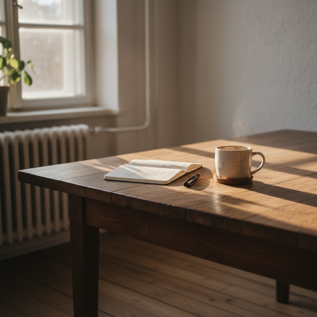Sonnenlicht fällt auf einen Holztisch mit Notizbuch und Tasse – Symbol für Klarheit, Fokus und bewusste Arbeit im Coachingwerk Berlin.