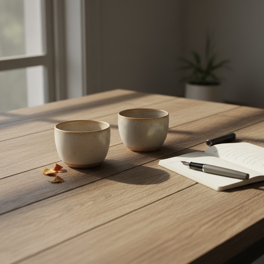 Zwei Kaffeetassen auf einem Holztisch im Morgenlicht – Symbol für Gespräch, Nähe und Beziehung im Coachingwerk Berlin.