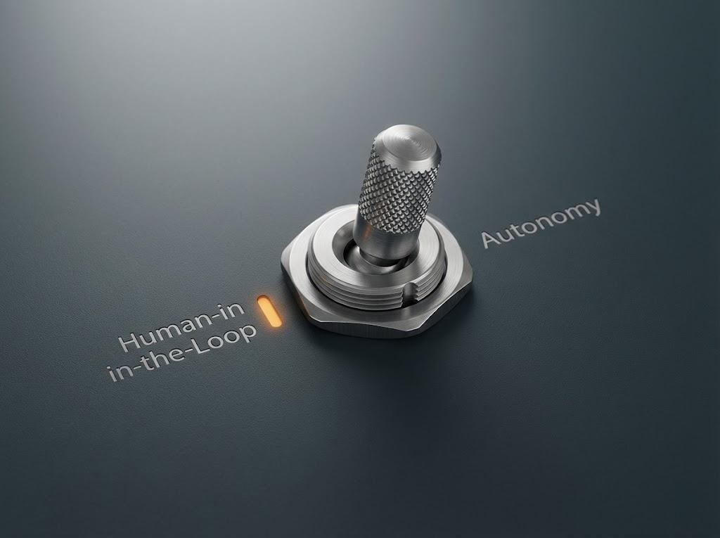 Makro: Kippschalter auf Anthrazit – Skala von Human-in-the-Loop zu Autonomie, Orange-Indikator, cleanes Studio-Licht.