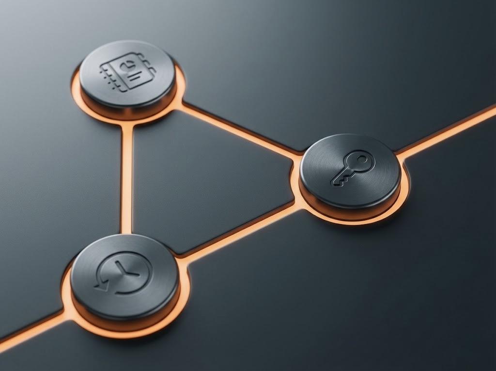 Macro-Panel mit Datenknoten: Decision-Log (Decision Log), DoA und Review-Takt als verknüpfte Objekte – Coachingwerk Berlin, Anthrazit/Orange