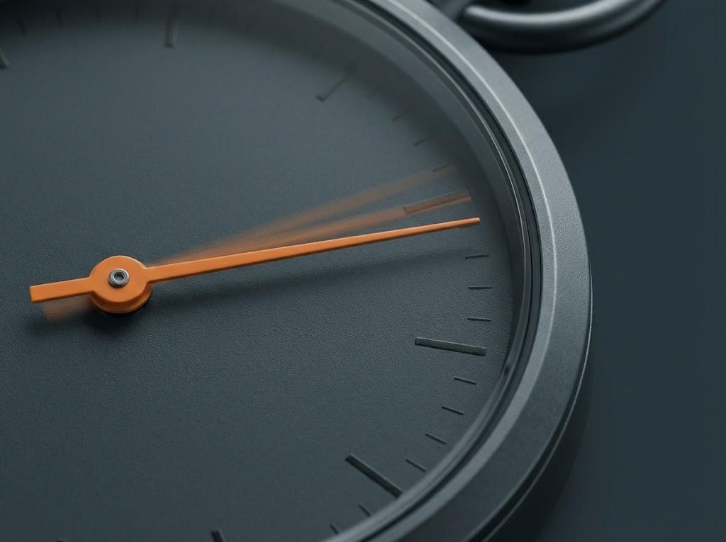 Makro-Foto einer präzisen Stoppuhr auf anthrazitfarbenem Panel - Symbol für Decision-Latenz (Time-to-Decision) - Coachingwerk Berlin, Anthrazit/Orange