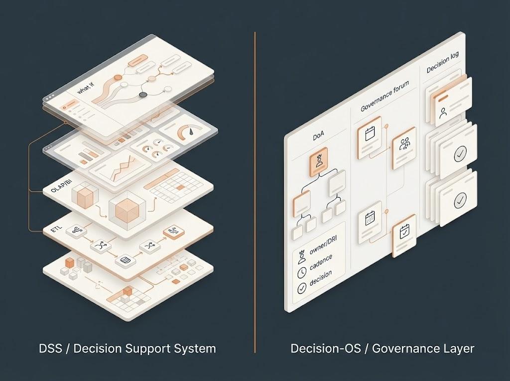 Vergleichsgrafik: Decision-OS Governance-Layer (DoA, Foren, Decision-Log) vs. DSS-Stack (Daten, Analysen, What-if) im Coachingwerk-Design (Anthrazit/Orange)